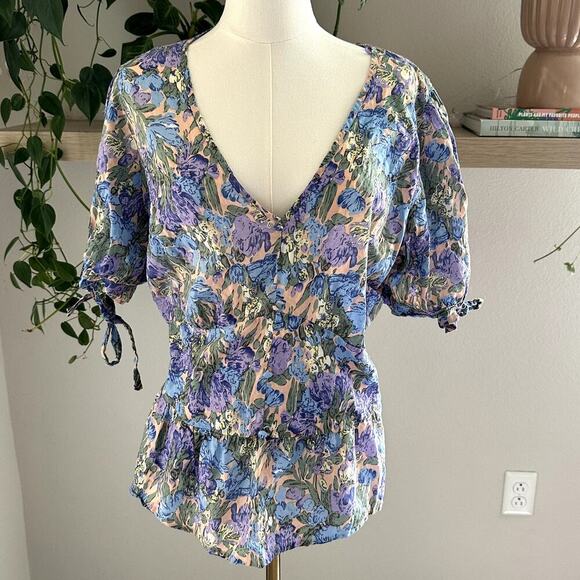 Sweet Rain 2XL Puff Sleeve Peplum Floral Top Cotton V Neck Coquette Cottage Plus - Picture 1 of 8